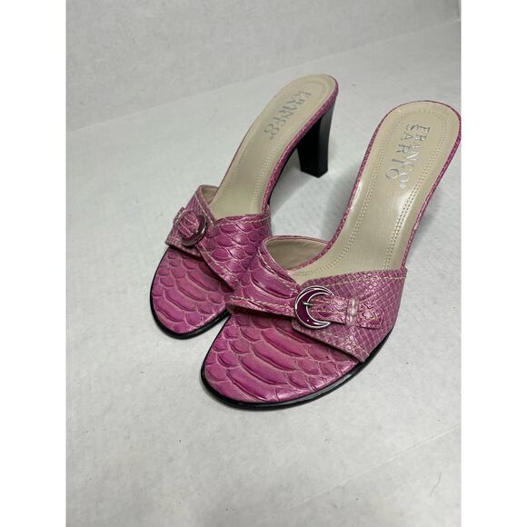 Franco Sarto Iconic Open Toe Pink Princess Chunky Buckle Detail Coquette Mules - Picture 3 of 6